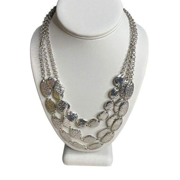 New Talbots Silver Hammered Disk Chain Link Bib Necklace 3-Strand Statement - Picture 3 of 7